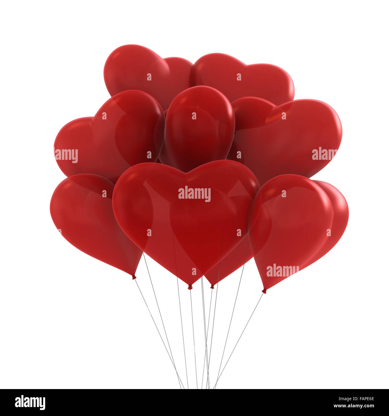 3D Render de colores rojos parte de globos con forma de corazón Foto de stock