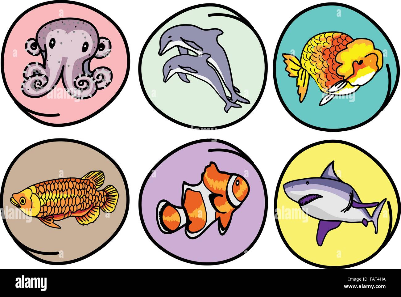 Ilustración de dibujos animados de una colección de iconos de animales  acuáticos, delfines, tiburones, pulpos, goldfish, Arowana y pez payaso en  círculo Imagen Vector de stock - Alamy