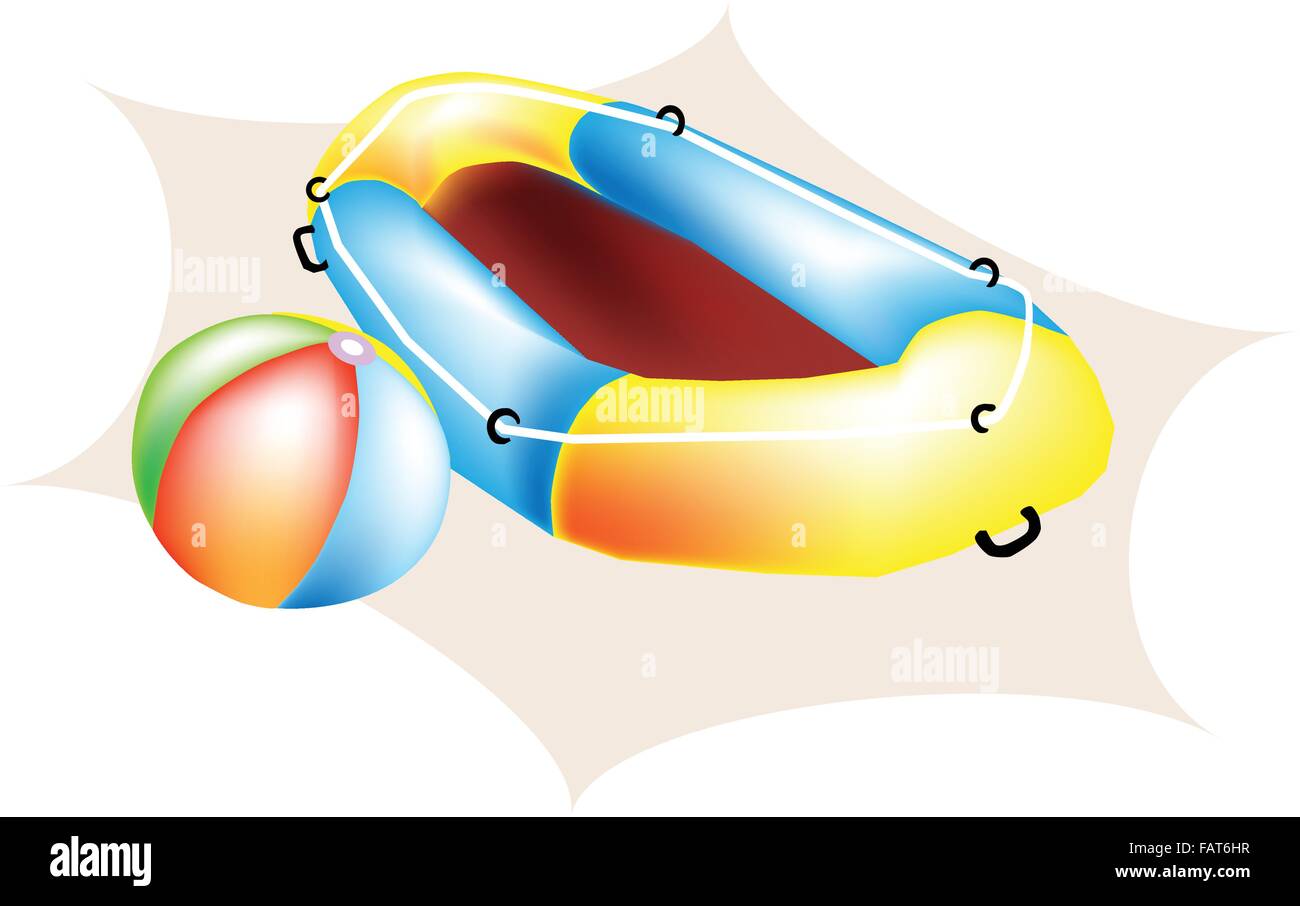 Una ilustración de colorida Pelota de playa y amarillo bote hinchable o  balsa inflable en la playa Imagen Vector de stock - Alamy