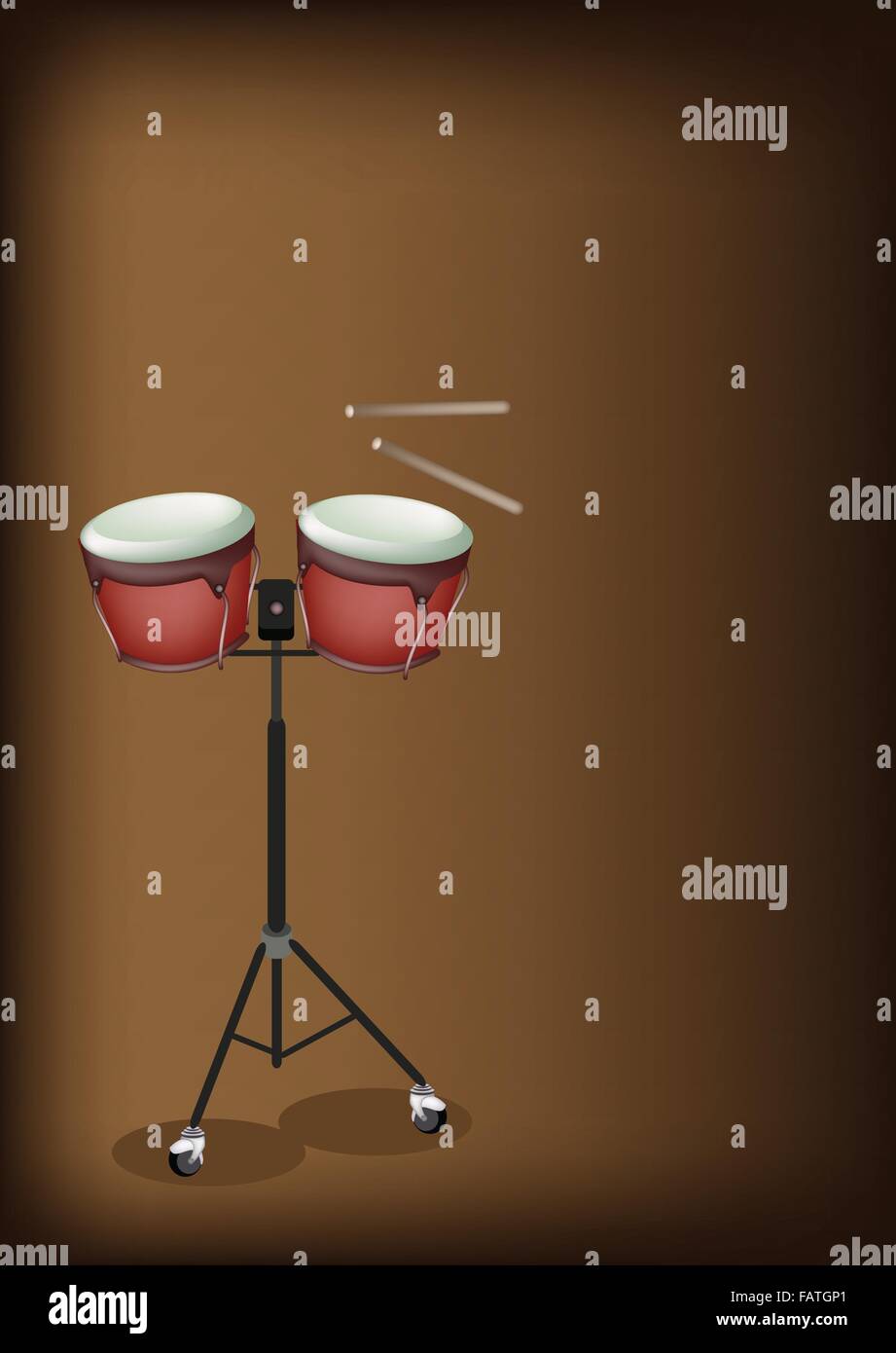 Instrumento musical, una ilustración de estilo retro clásico tambor Bongo  sobre pedestal con baquetas en el hermoso Vintage marrón oscuro Imagen  Vector de stock - Alamy