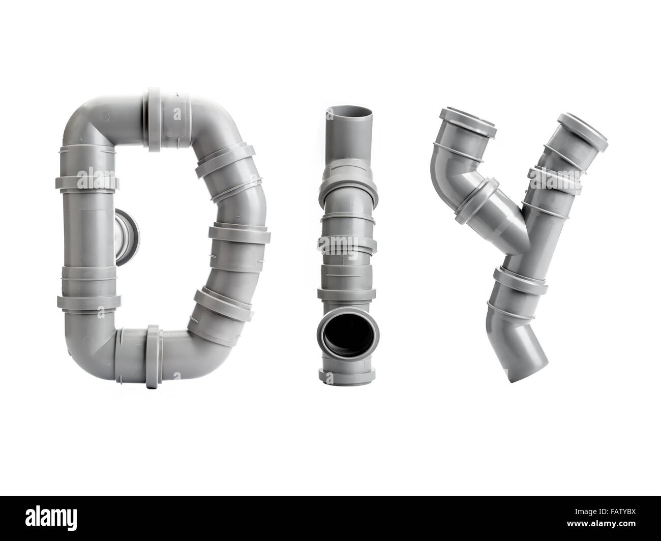 DIY acrónimo organizadas desde diferentes elementos de tuberías de PVC rodada en blanco Foto de stock