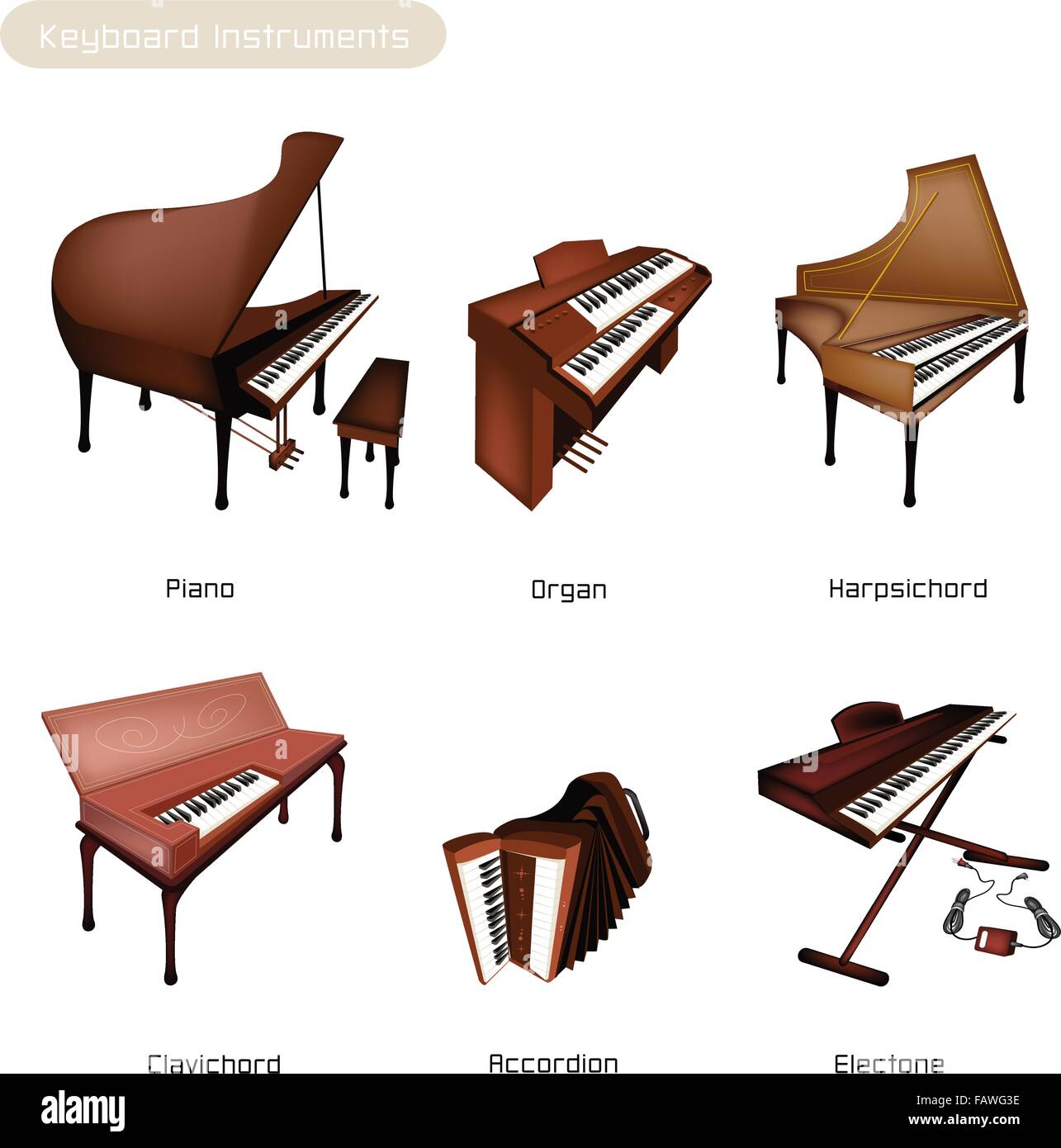 Ilustración de color marrón de antiguos instrumentos de teclado musical,  Trombón, barítono, bombardino, Tuba y Sousaohone aislado en Imagen Vector  de stock - Alamy