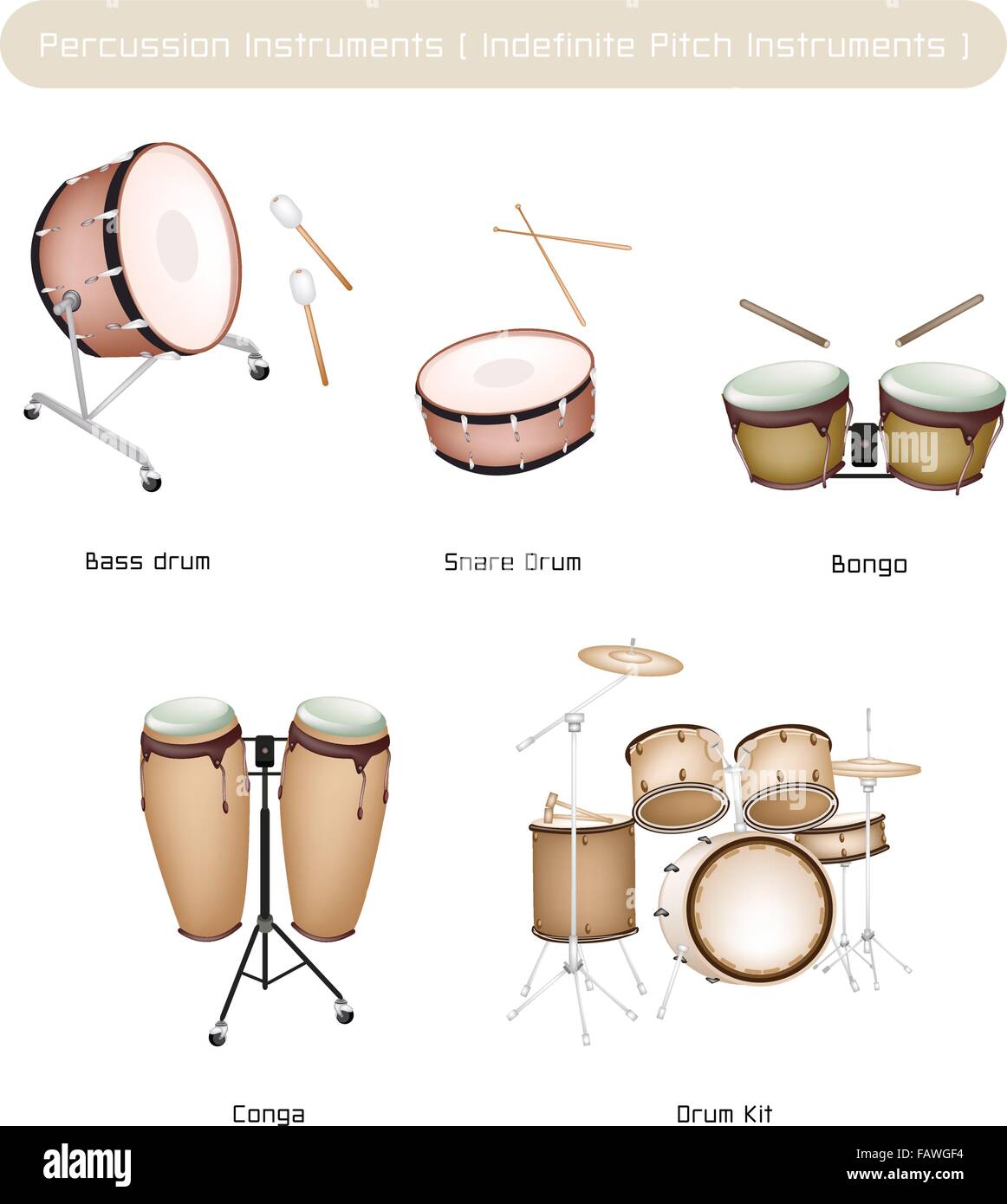 Ilustración color marrón colección de instrumentos de percusión Musical  Vintage, conga, bongo, bombo, tambor y Drum Kit Imagen Vector de stock -  Alamy