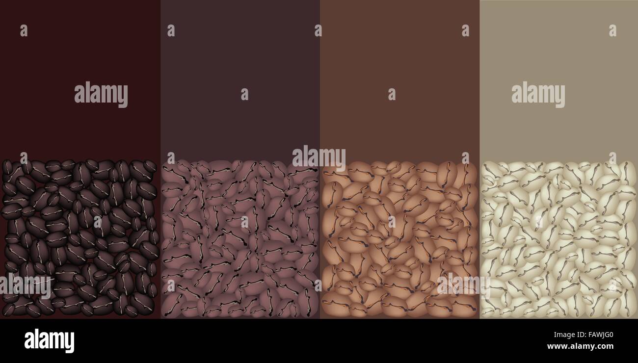 La hora del café, una ilustración a cuatro colores de bellos café tostado  en grano, de color marrón oscuro, de color marrón, marrón claro y verde  Imagen Vector de stock - Alamy