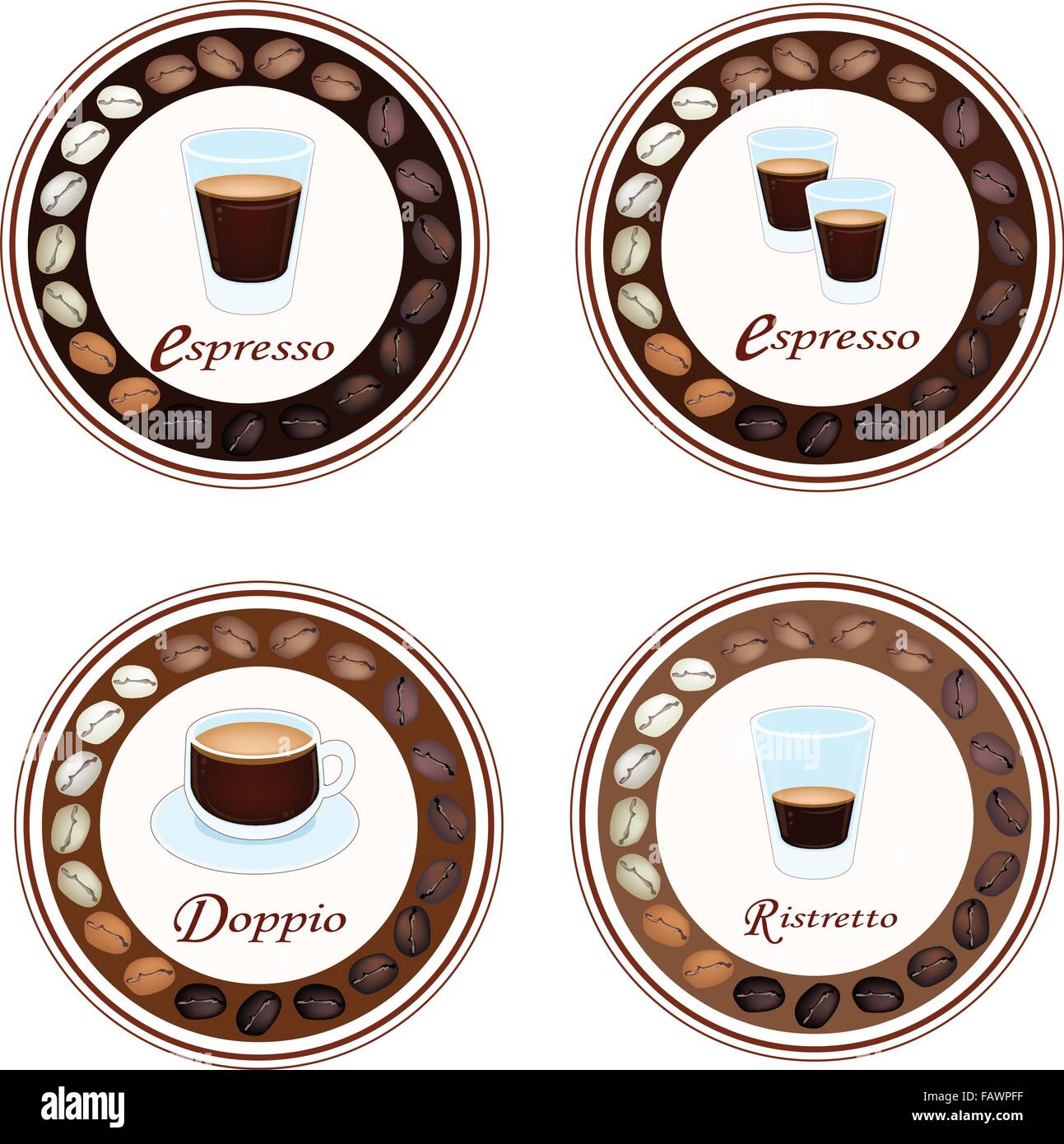 juego de tazas de café tipo de café espresso, dopio, ristretto, macchiato  3478407 Vector en Vecteezy