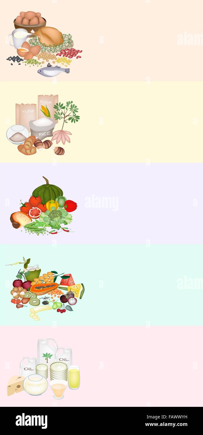 Grupo de alimentos las etiquetas de carbohidratos, proteínas, grasas,  vitaminas y minerales para mejorar la ingesta de nutrientes y beneficios  para la salud Fotografía de stock - Alamy