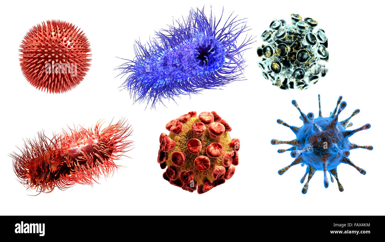 Virus, bacterias infectar las células del cuerpo humano.3d detallada ilustración Foto de stock