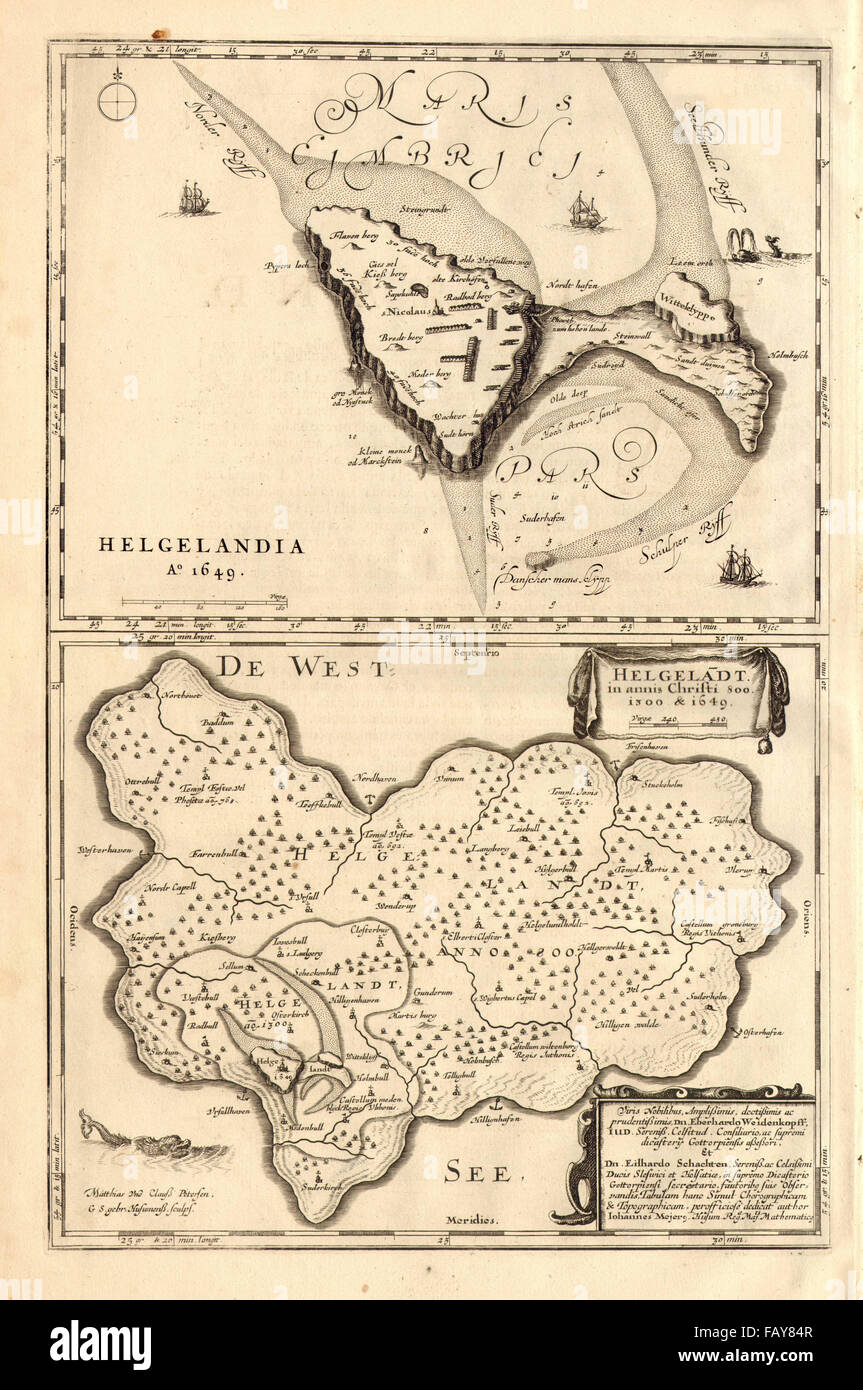 HELGELANDIA.Helgoland Helgoland/EN 800, 1300 y 1649. Las inundaciones.BLAEU, c1667 mapa Foto de stock
