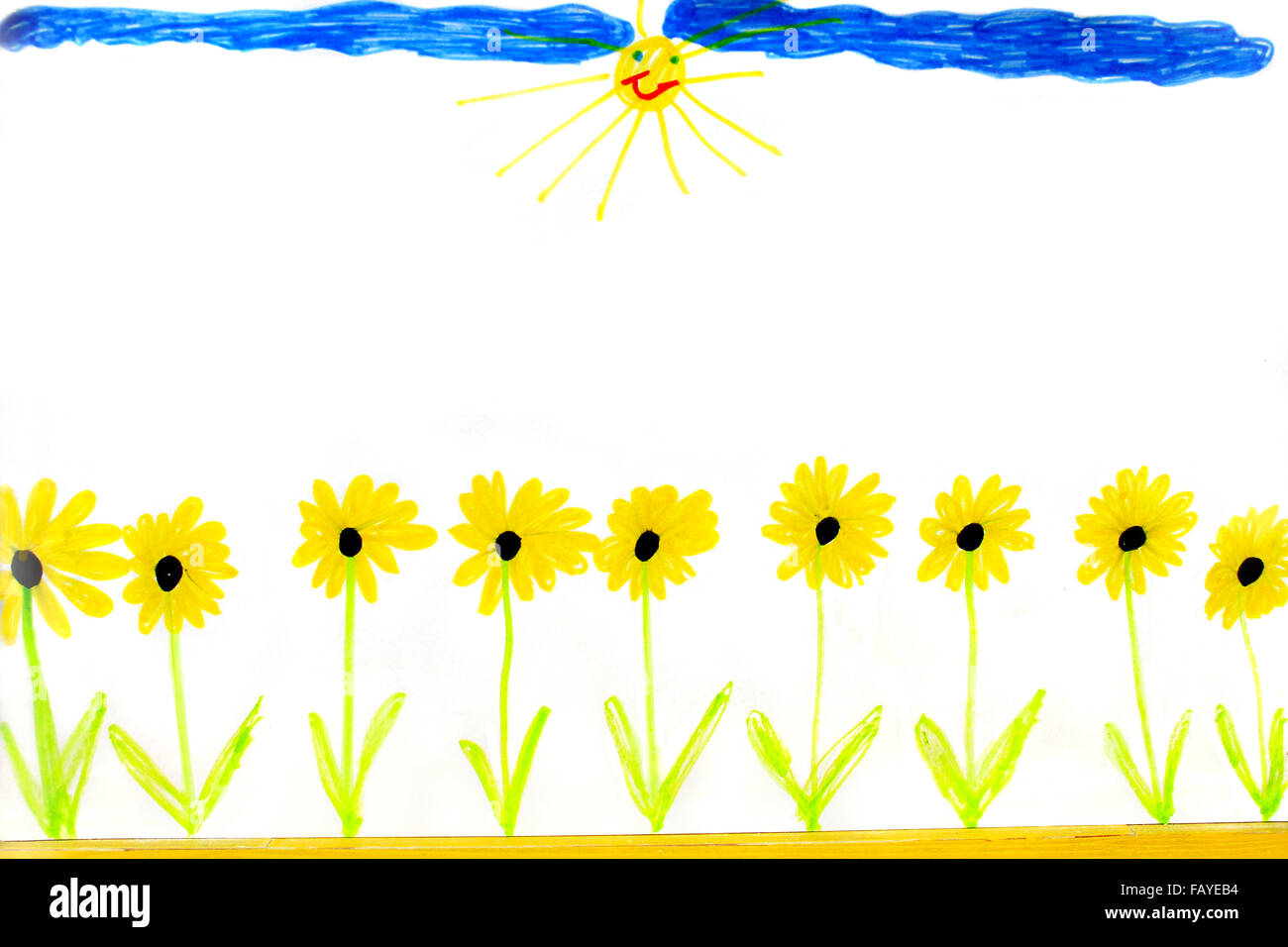 Dibujo del niño del verano flores amarillas en la fila Fotografía de stock  - Alamy