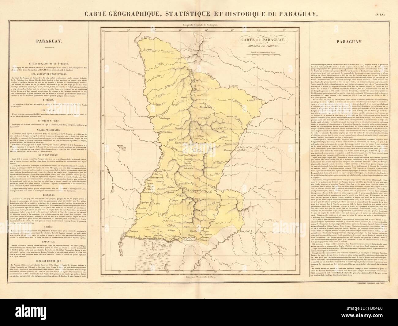 Paraguay. Las fronteras antes de la guerra de la Triple Alianza y guerras del Gran Chaco. BUCHON, 1825 mapa Foto de stock