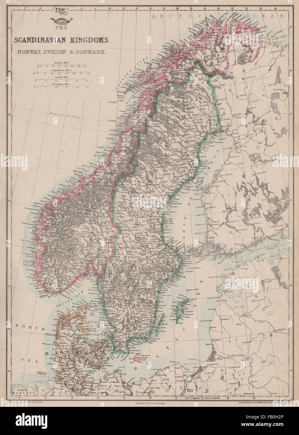 'Scandinavian reinos. Noruega, Suecia y Dinamarca". Los ferrocarriles. JW Lowry, 1862 mapa Foto de stock