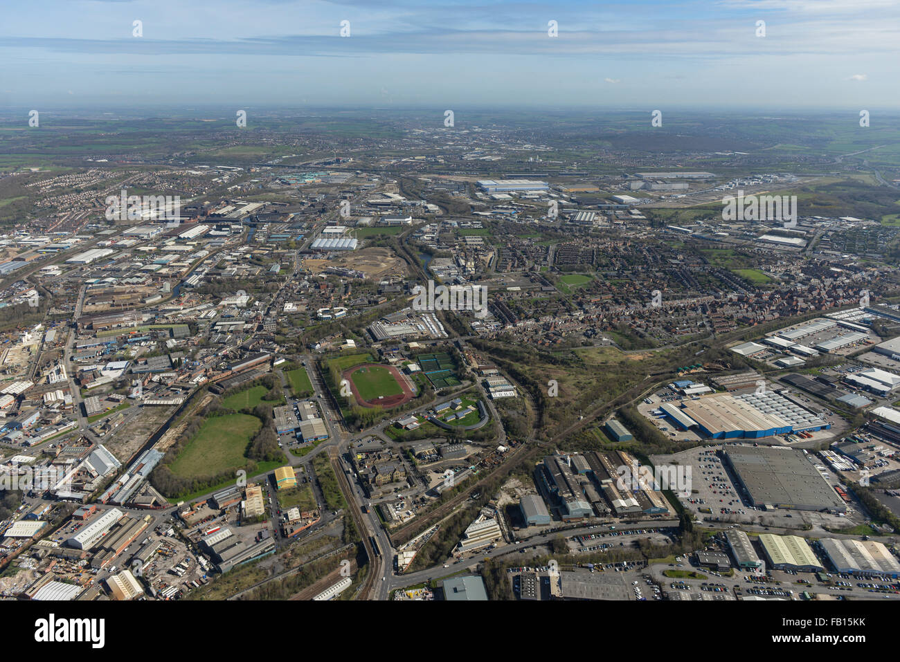 Una vista aérea a lo largo del Valle de Don mirando desde la dirección de Sheffield Foto de stock