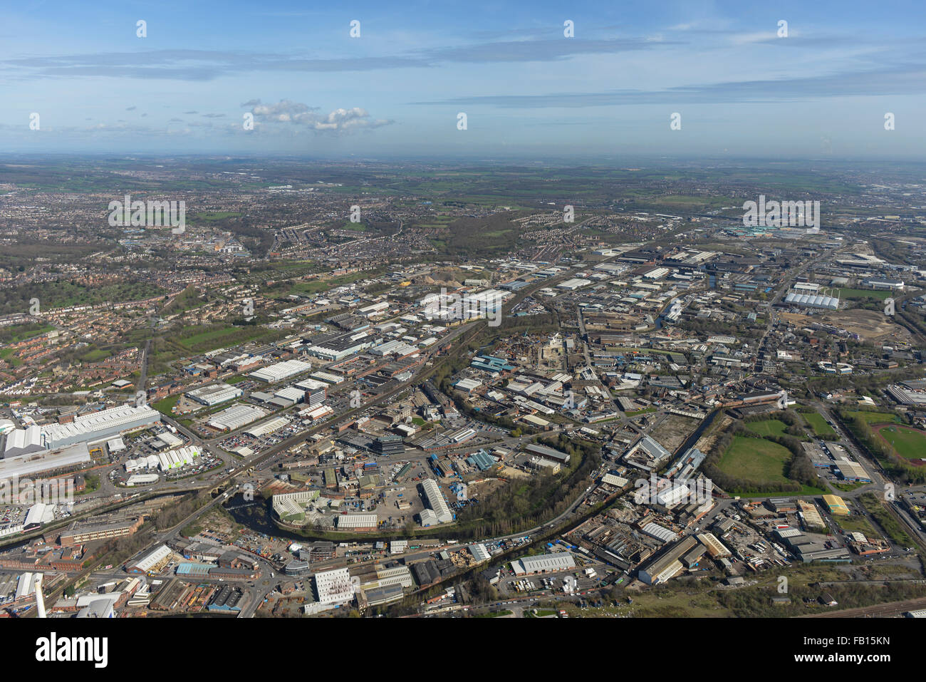 Una vista aérea a lo largo del Valle de Don mirando desde la dirección de Sheffield Foto de stock