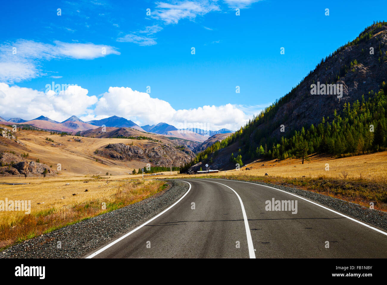 Paisaje con el asfalto rural a través de la pradera y las montañas de nubes en día de verano Foto de stock