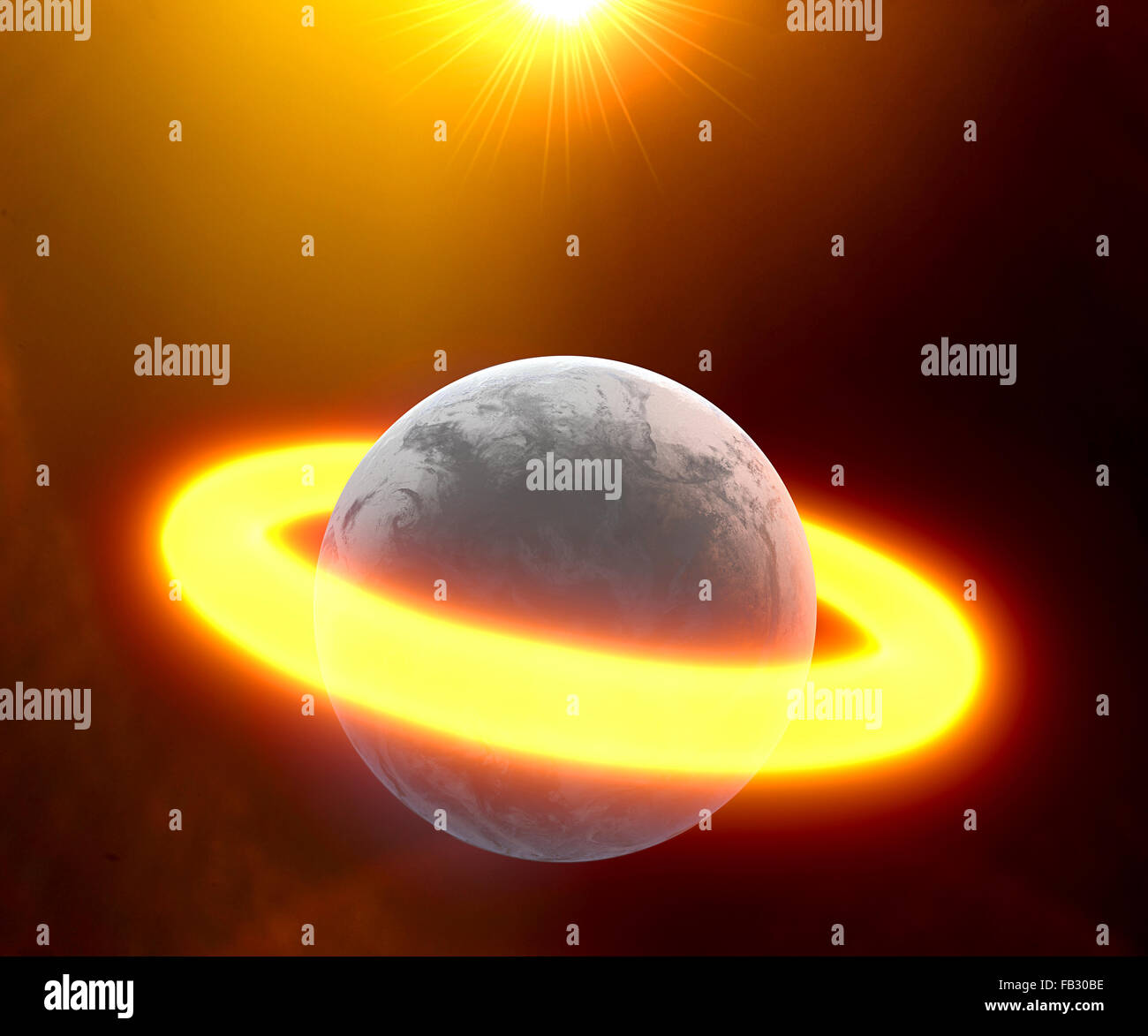 Planeta rodeado por un anillo de fuego en el centro del espacio, ciencia ficción Foto de stock