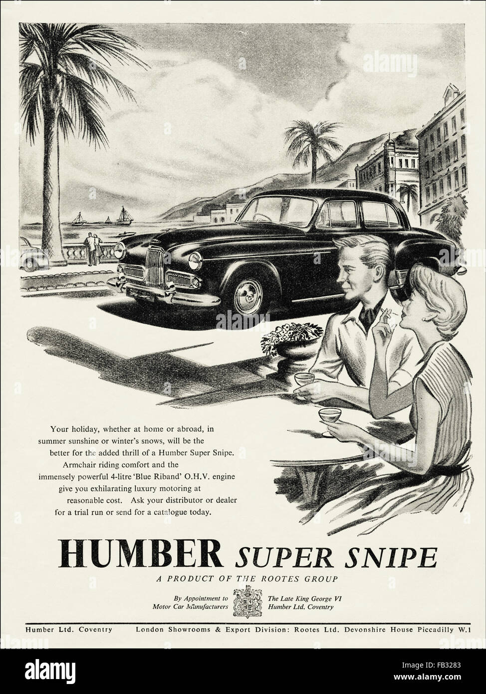 Anuncio de página completa original vintage desde 1950. Anuncio desde 1953 publicidad Humber Super Snipe fabricados en Coventry. 50s retro Foto de stock