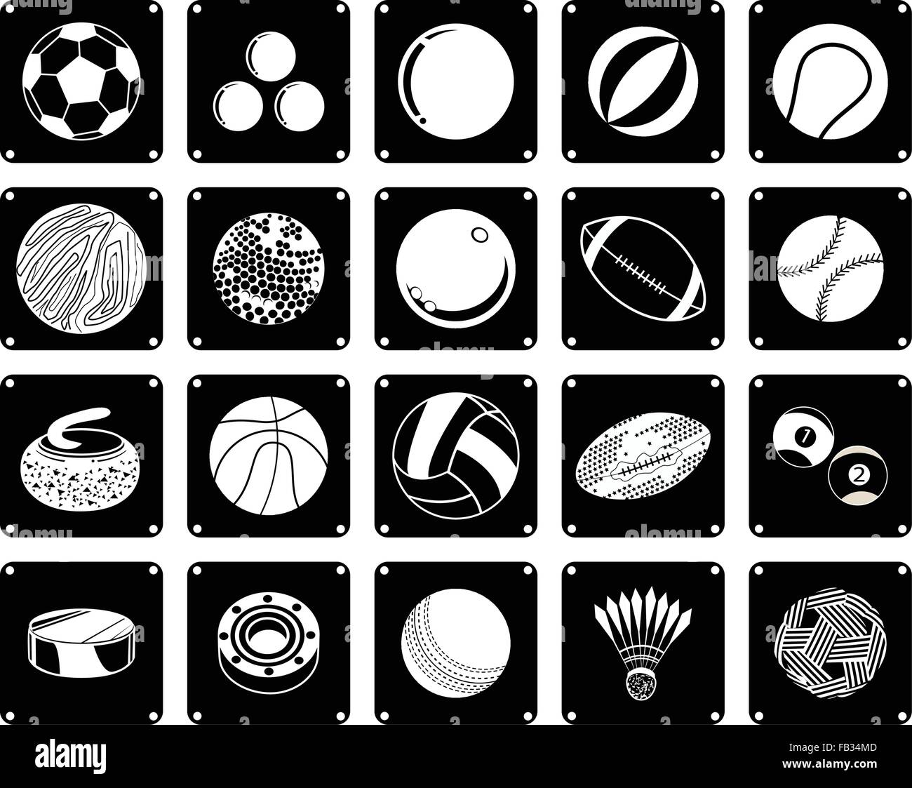 Ilustración Conjunto de 20 Icono surtidos de balones deportivos y artículos deportivos en los colores blanco y negro. Ilustración del Vector