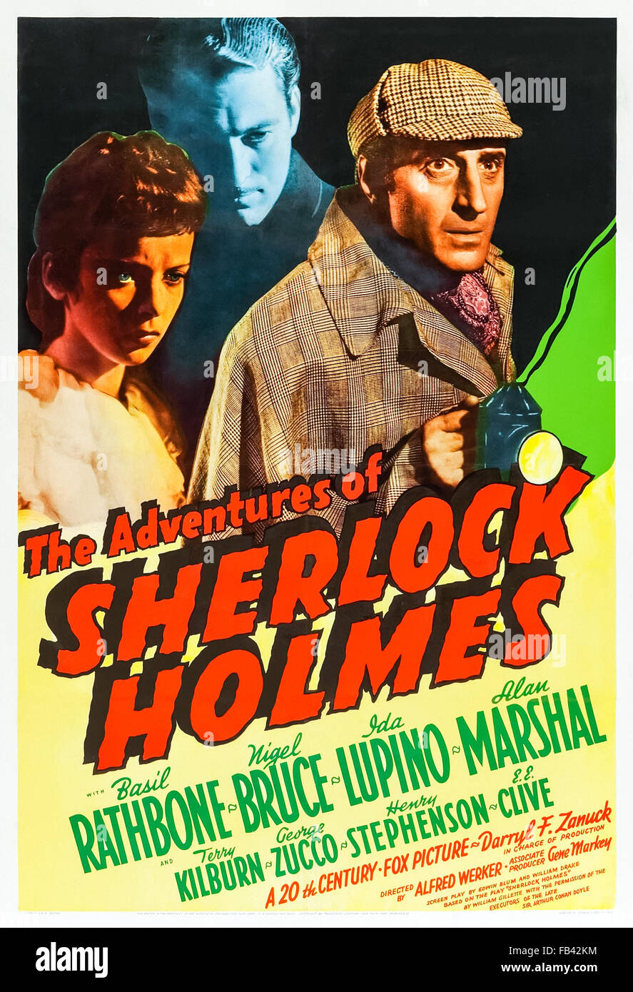 Póster de "Las aventuras de Sherlock Holmes Sherlock Holmes 1939 película dirigida por Alfred L. Werker y protagonizada por Basil Rathbone (Holmes); Nigel Bruce (Watson) e Ida Lupino (Ann Brandon). Consulte la descripción para obtener más información. Foto de stock