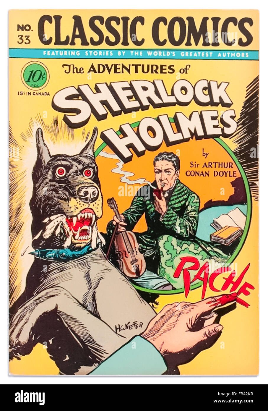 "Las aventuras de Sherlock Holmes' cómic clásico número 33 de 1947, la adaptación del cómic "un Estudio en Escarlata" y "el sabueso de los Baskerville" de Sir Arthur Conan Doyle (1859-1930); arte por Henry Carl Kiefer (1890-1957). Foto de stock