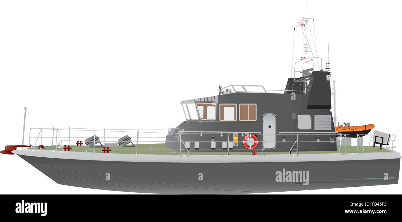 Una ilustración detallada de una lancha patrullera naval gris rápido con un inflable naranja utilizado para rescate y actividades de lucha contra el contrabando aislado en blanco Ilustración del Vector