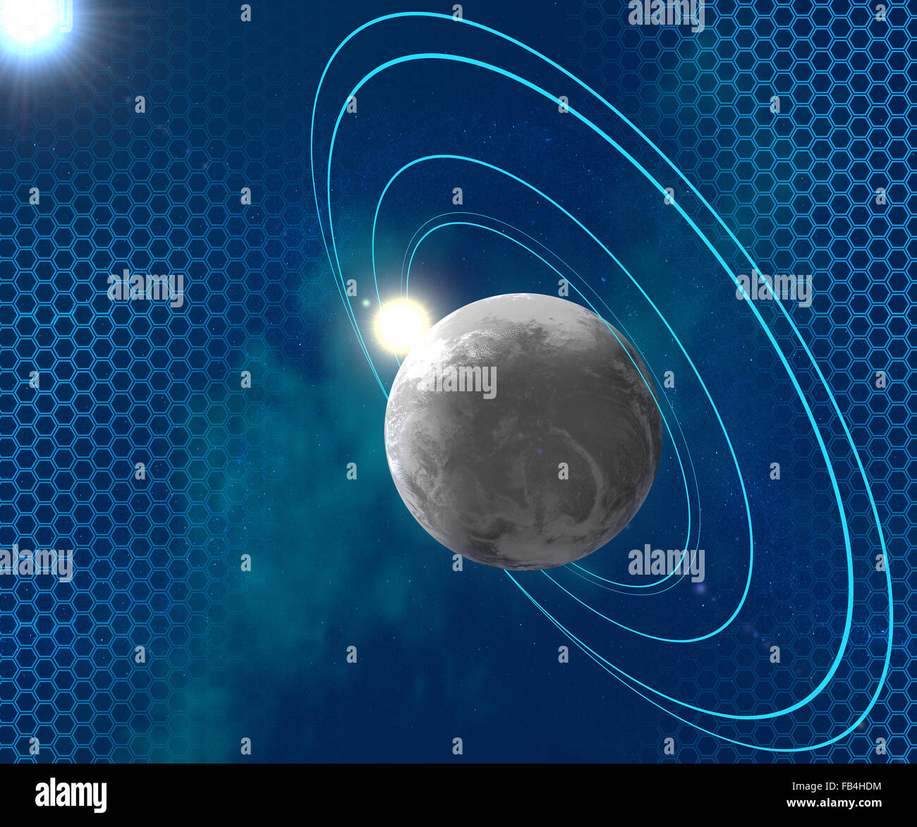 Planeta rodeado por anillos orbitales azul, espacio, ciencia ficción  Fotografía de stock - Alamy