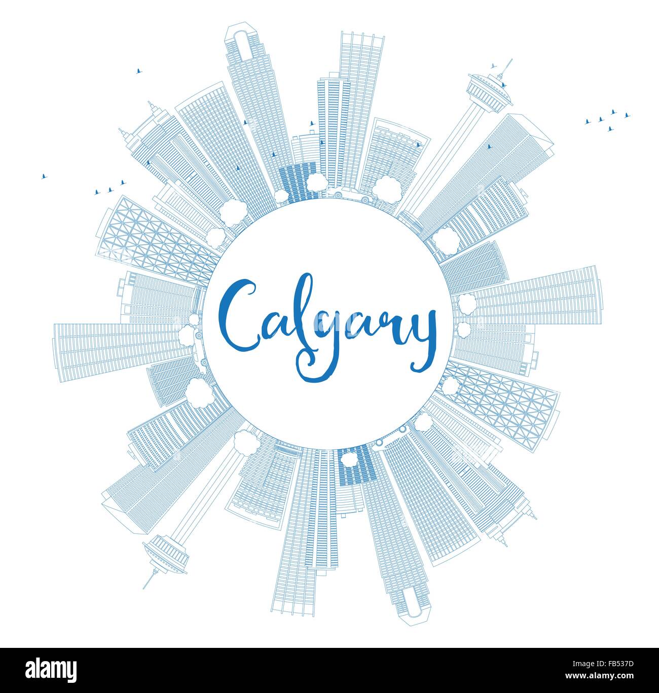 Esbozar el horizonte de Calgary con edificios azules y copie el espacio. Ilustración vectorial. Concepto de turismo y viajes de negocios Ilustración del Vector