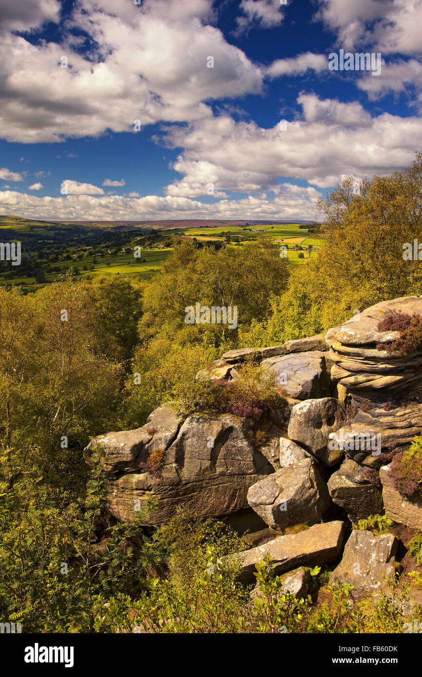 Vistas al valle desde Nidderdale Brimham Rocks, North Yorkshire, Reino Unido Foto de stock