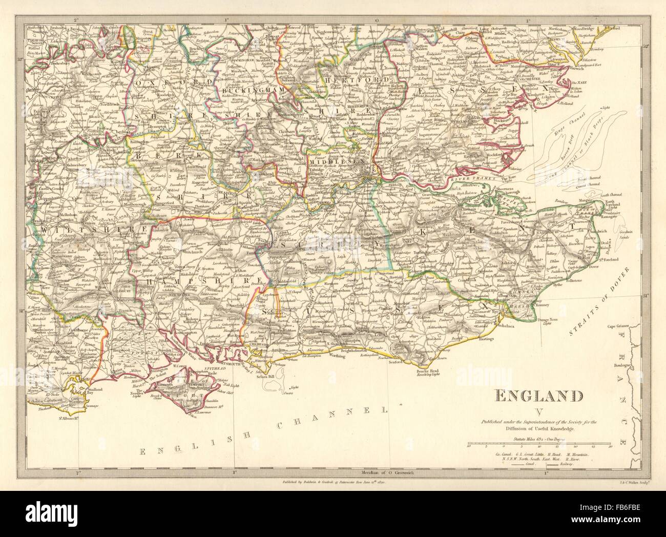 Inglaterra se: Middx Kent, Sussex, Surrey Hants Berks Essex Herts. SDUK, 1848 mapa Foto de stock