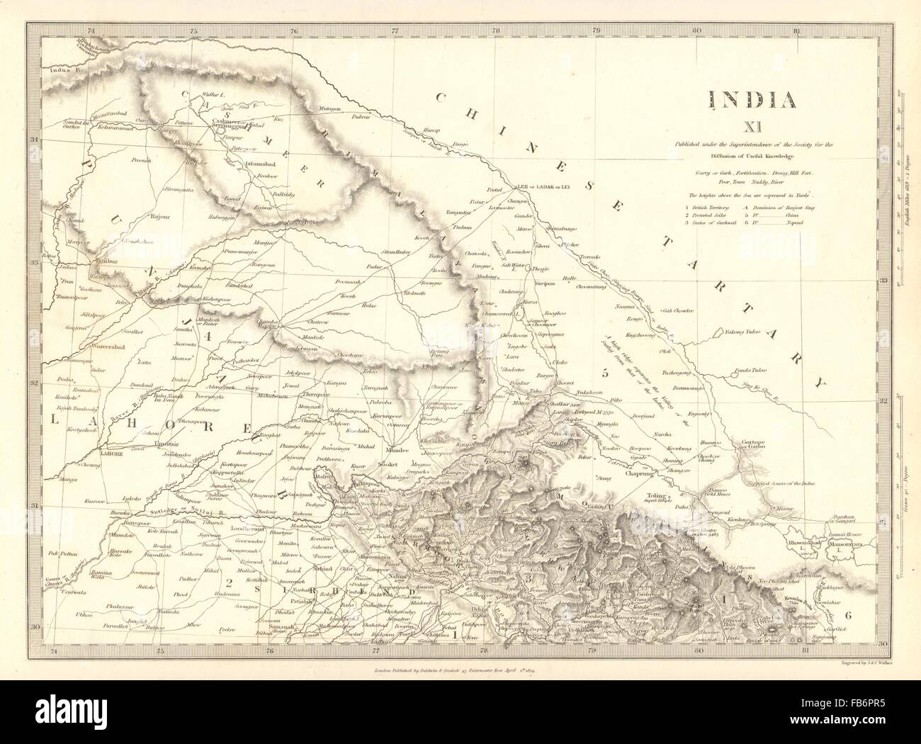 Pakistán INDIA: Punjab, Lahore Sirhind Garhwal Cachemira China. SDUK, 1848 mapa Foto de stock