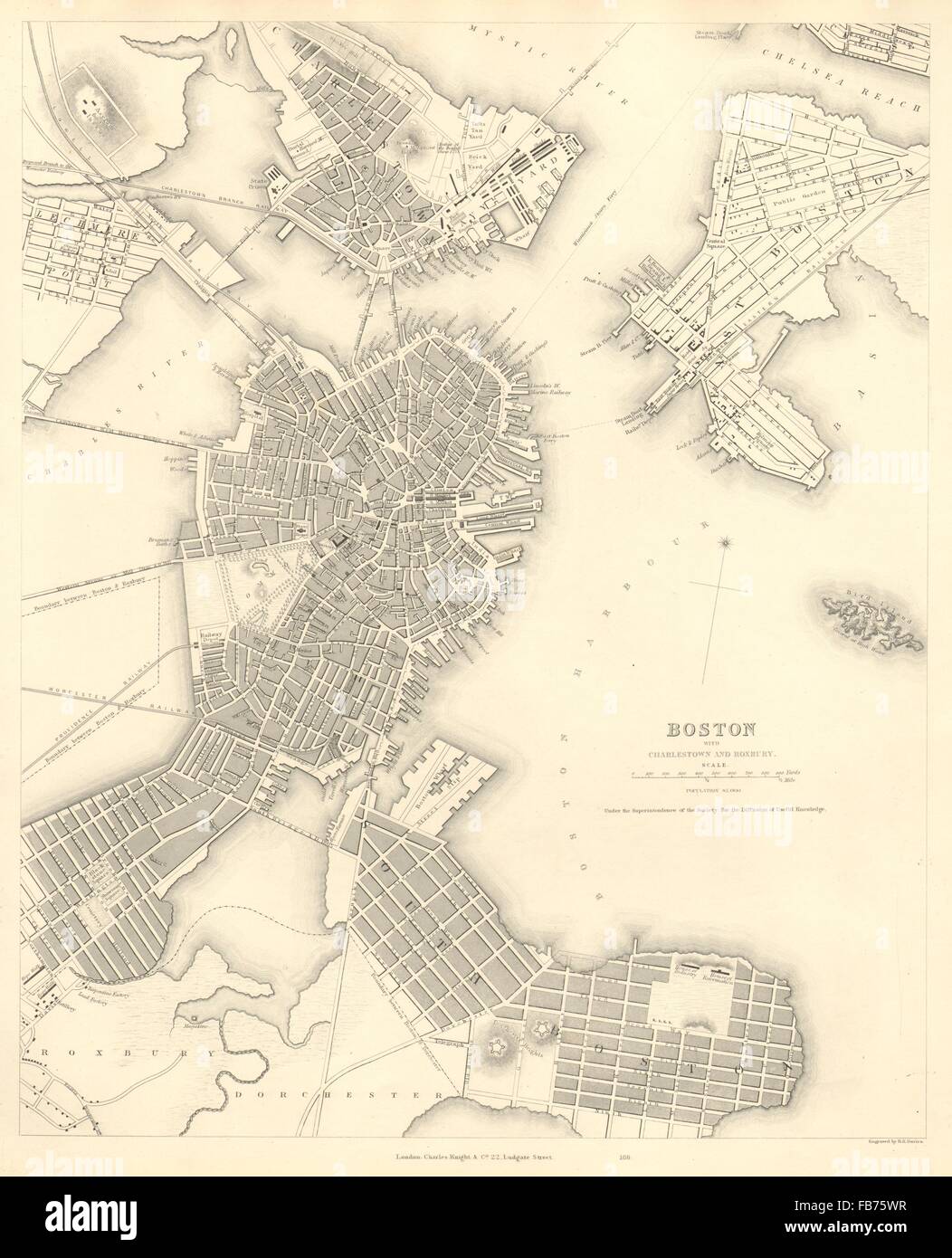 BOSTON CON CHARLESTOWN Y ROXBURY: plan mapa de la ciudad antigua. SDUK, 1848 Foto de stock