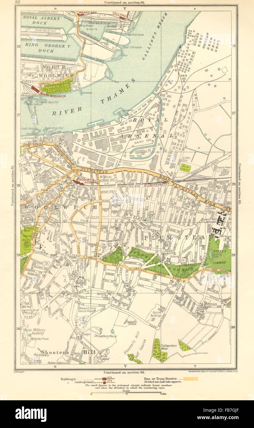 Londres: North Woolwich,Plumstead,Gallions,Manor forma,Woolwich Arsenal, 1923 mapa Foto de stock