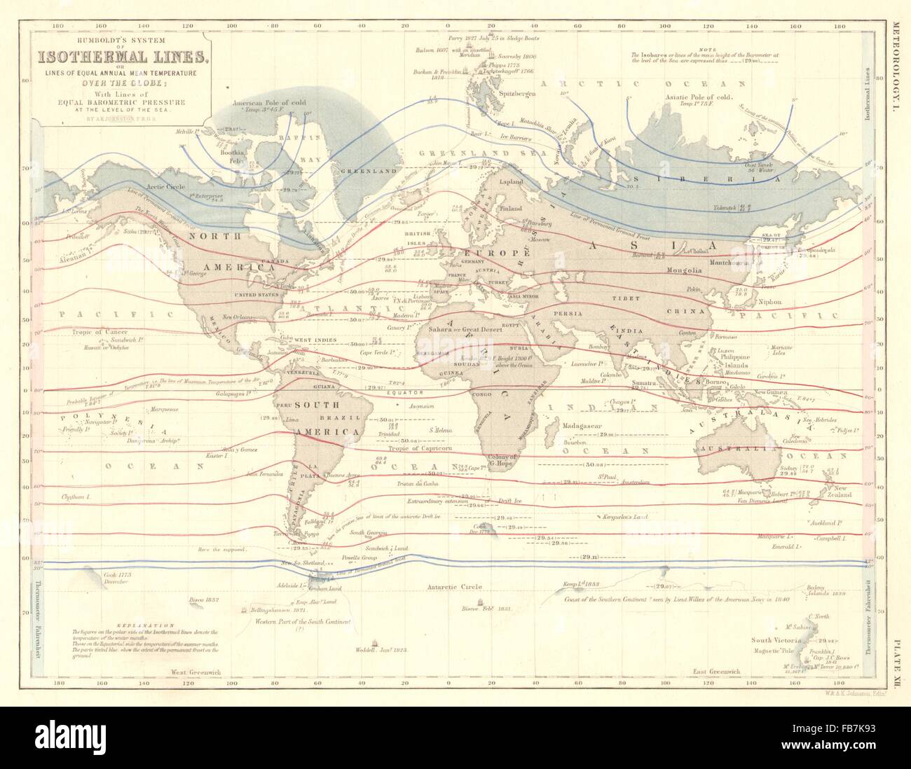 Mundo Humboldt's líneas isotérmicas (igual temperatura media anual), 1850 mapa Fotografía de Mundo Humboldt's líneas isotérmicas (igual temperatura media anual), 1850 mapa Fotografía de