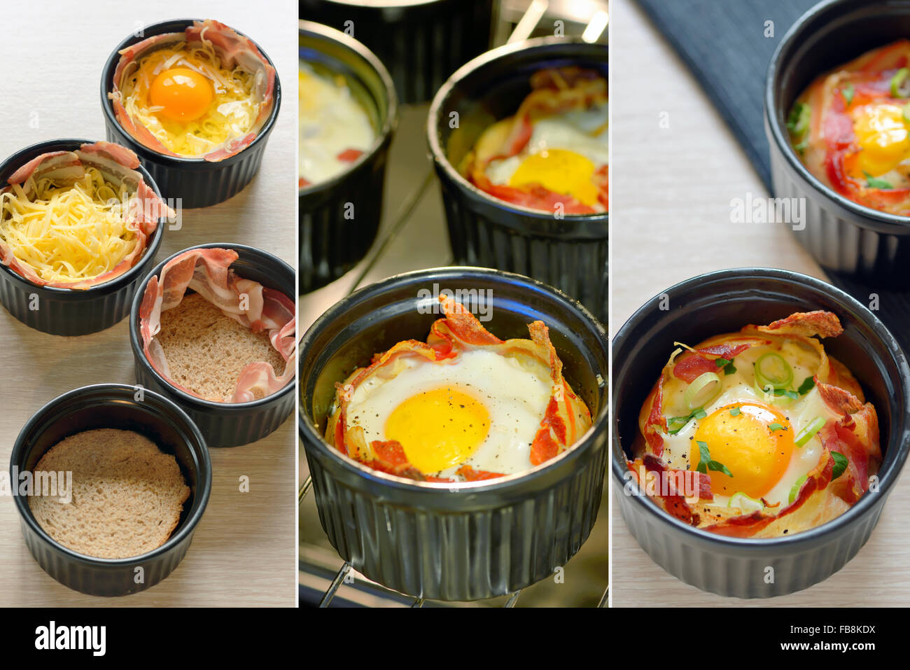 Menú tazas de desayuno huevos con bacon Foto de stock