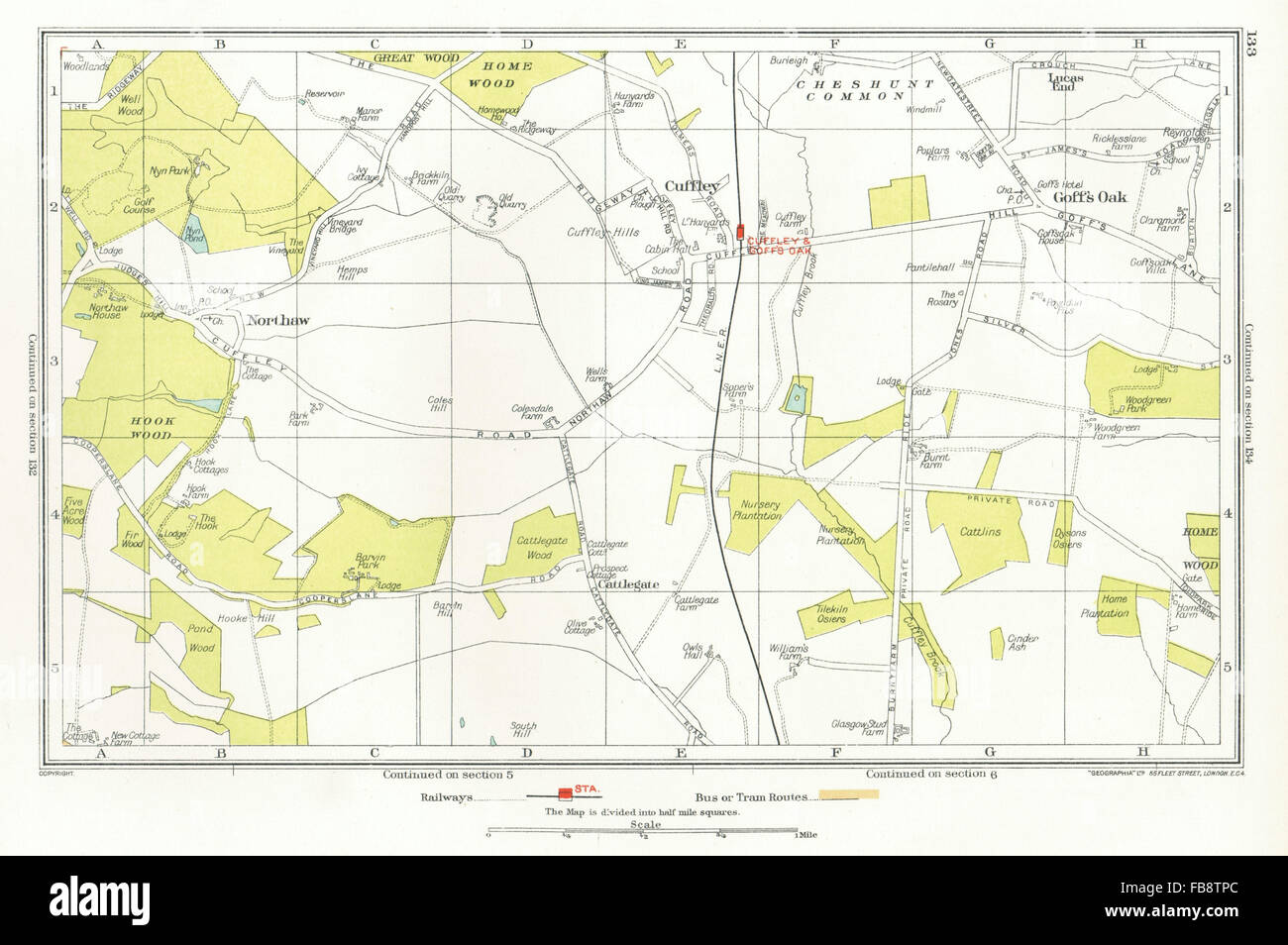 HERTFORDSHIRE. Cuffley, Goff's Oak, Northaw, Potters Bar, 1933 vintage mapa Fotografía de stock