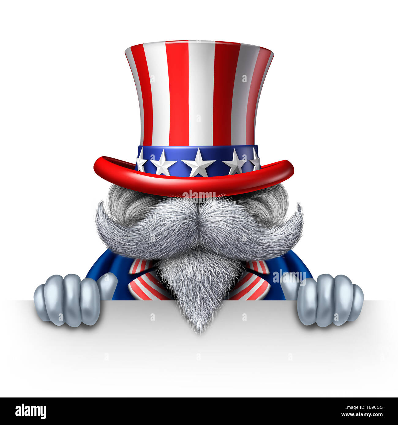 El Tío Sam sosteniendo un carácter horizontal en blanco firmar como un icono patriótico de un símbolo americano de gobierno político de las elecciones Foto de stock