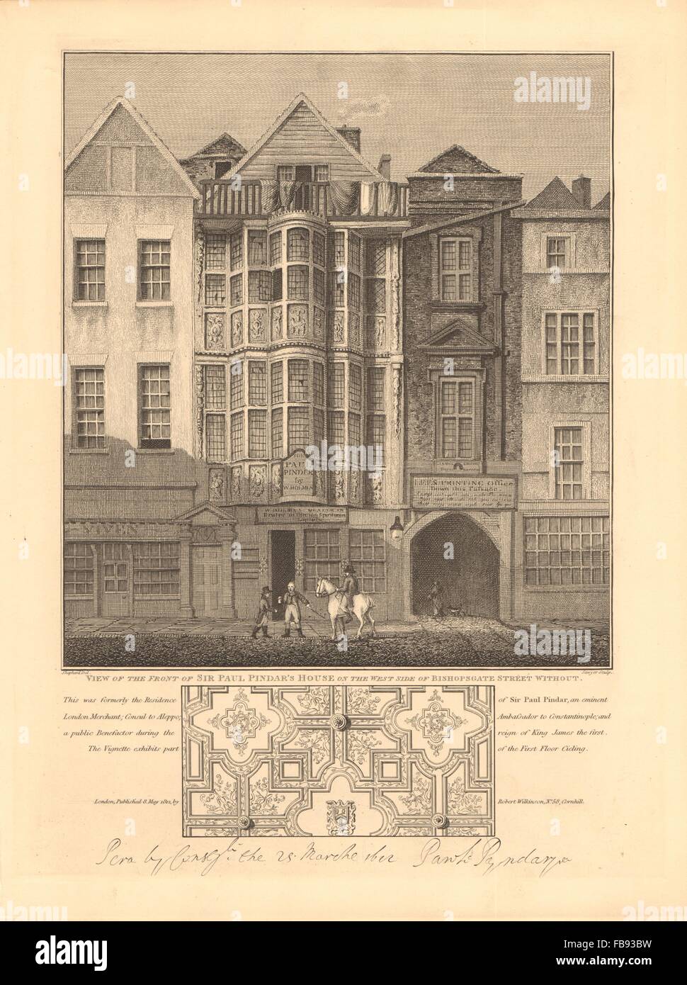 BISHOPSGATE. Sir Paul Píndaro's house (lado oeste). Ciudad de Londres, 1834 imprimir Foto de stock