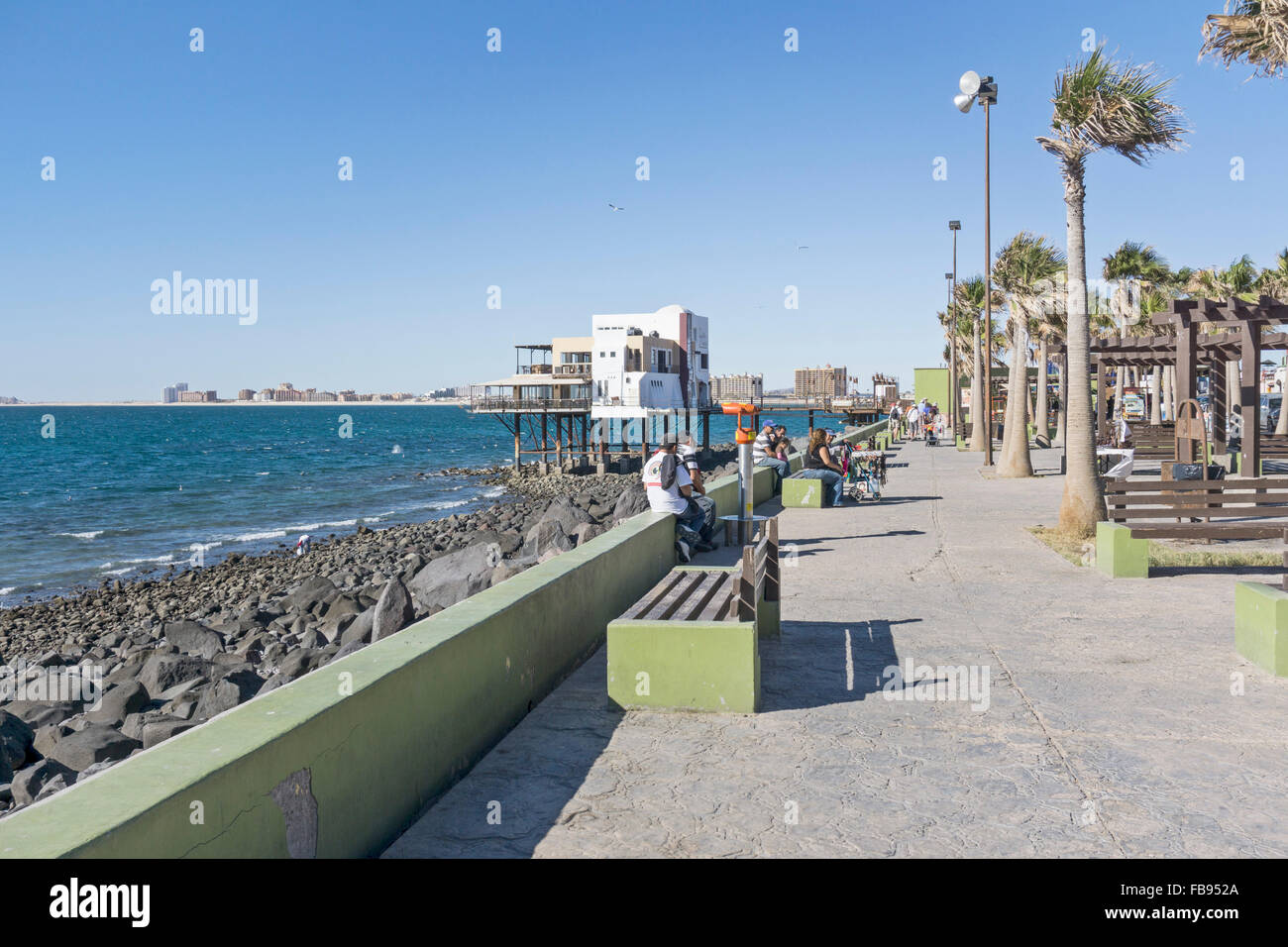 Malecón a lo largo de costa con vistas al Mar de Cortez donde la gente local socializar y mezclarse con los turistas bajo plantaron palmeras Foto de stock