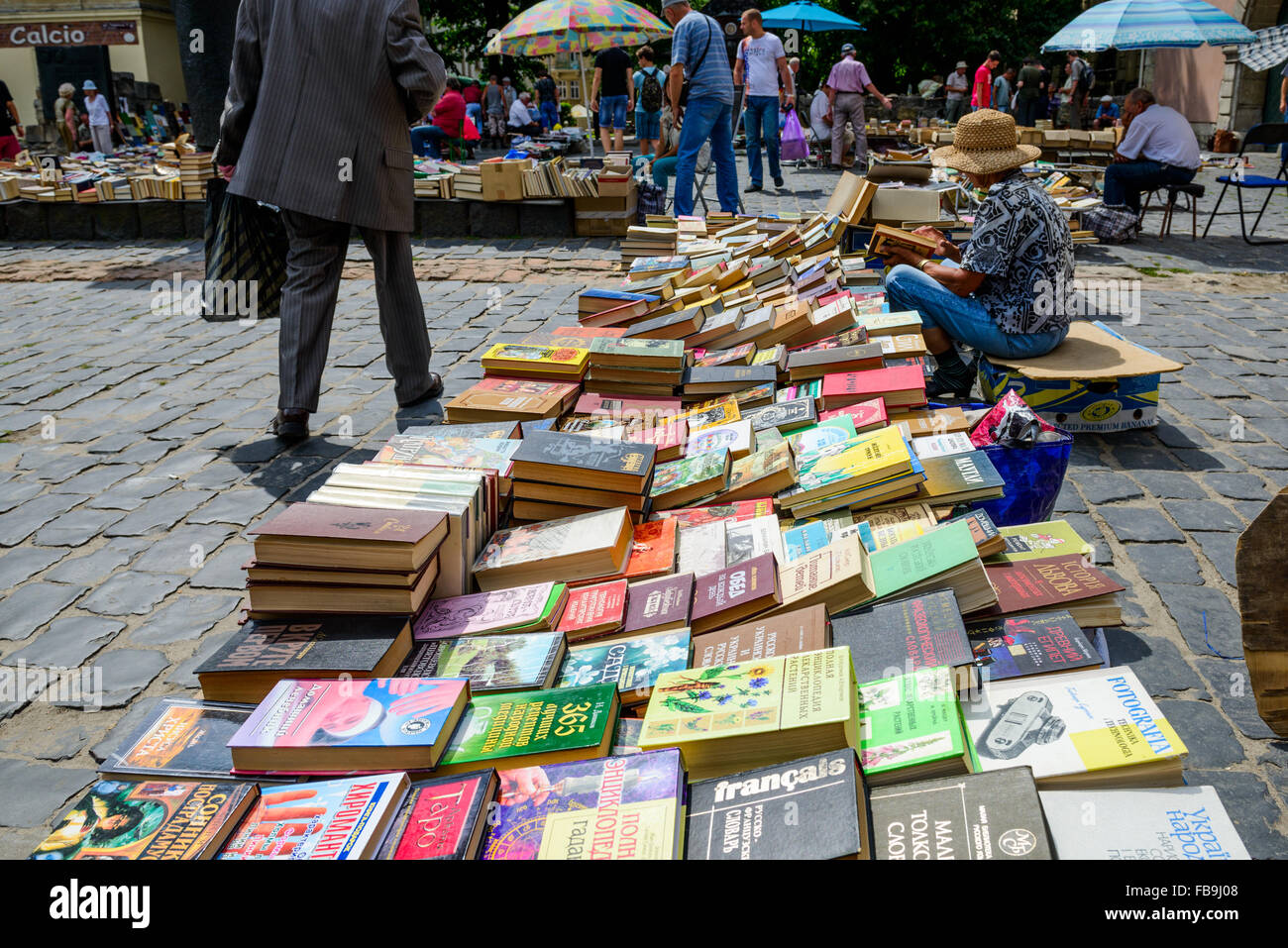 Mujer vendiendo libros en el mercado de antigüedades y libros usados en Lviv, Ucrania Fotografía