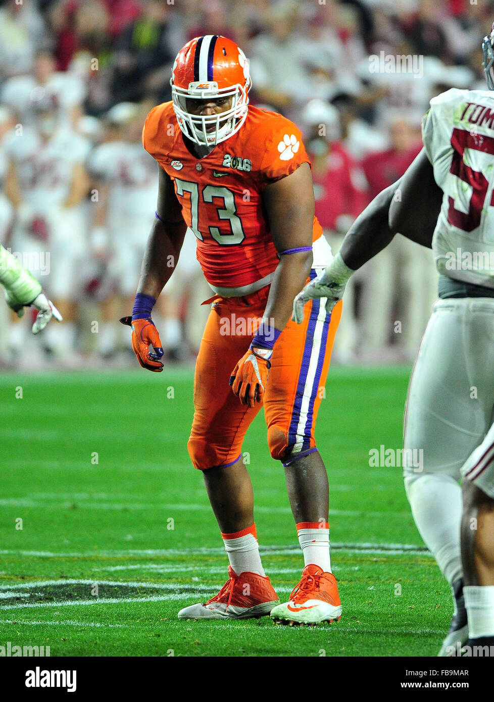 Glendale, Arizona, EE.UU.. 11 ene, 2016. Joe Gore #73 de Clemson durante el 2016 College Football Playoff del Campeonato Nacional de juego entre el Alabama Crimson Tide y el Tigre en Clemson University of Phoenix Stadium, en Glendale, Arizona. John Green/CSM/Alamy Live News Foto de stock