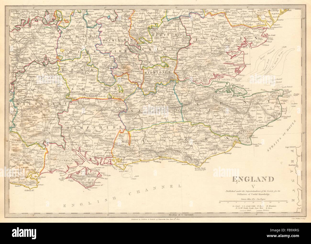 Inglaterra se. Middx Kent, Sussex, Surrey Hants Berks Essex Herts. SDUK, 1844 mapa Foto de stock
