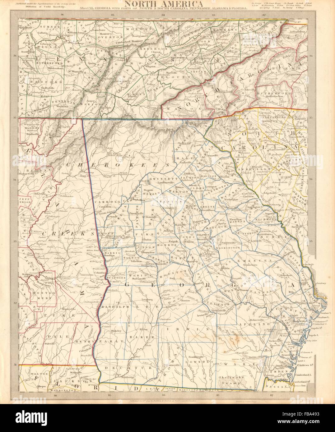 Ee.Uu.. Alabama Georgia Cherokees & Muscogee aldeas. TN NC SC FL. SDUK, 1844 mapa Foto de stock
