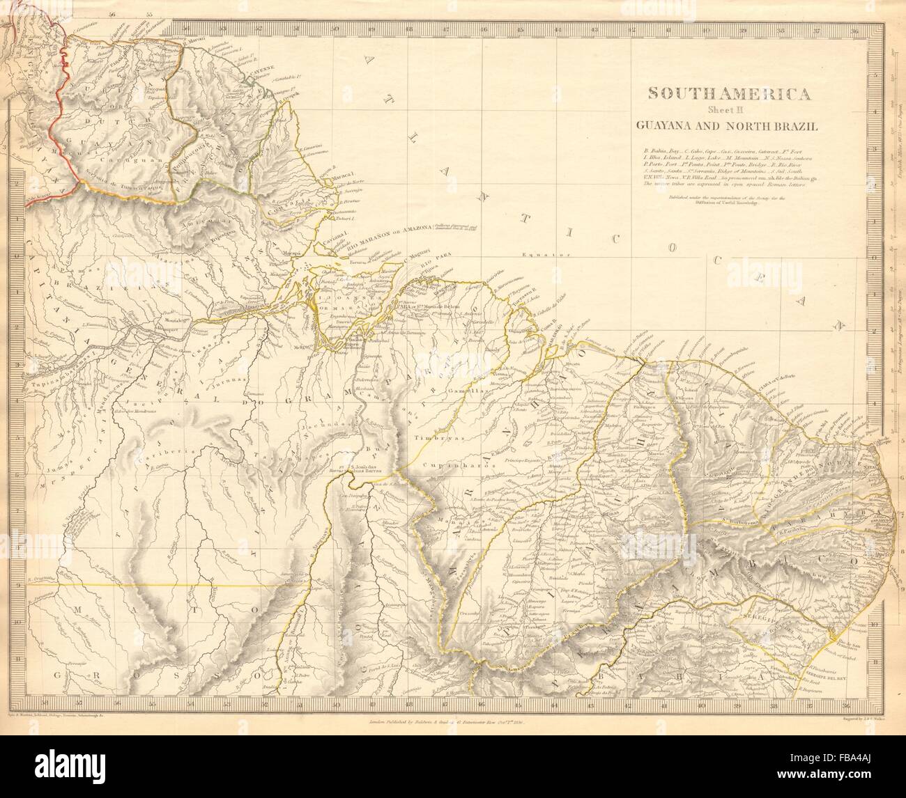 La amazonia. Mostrando las tribus indias. Guyana Surinam Brasil. Recife. SDUK, 1844 mapa Foto de stock