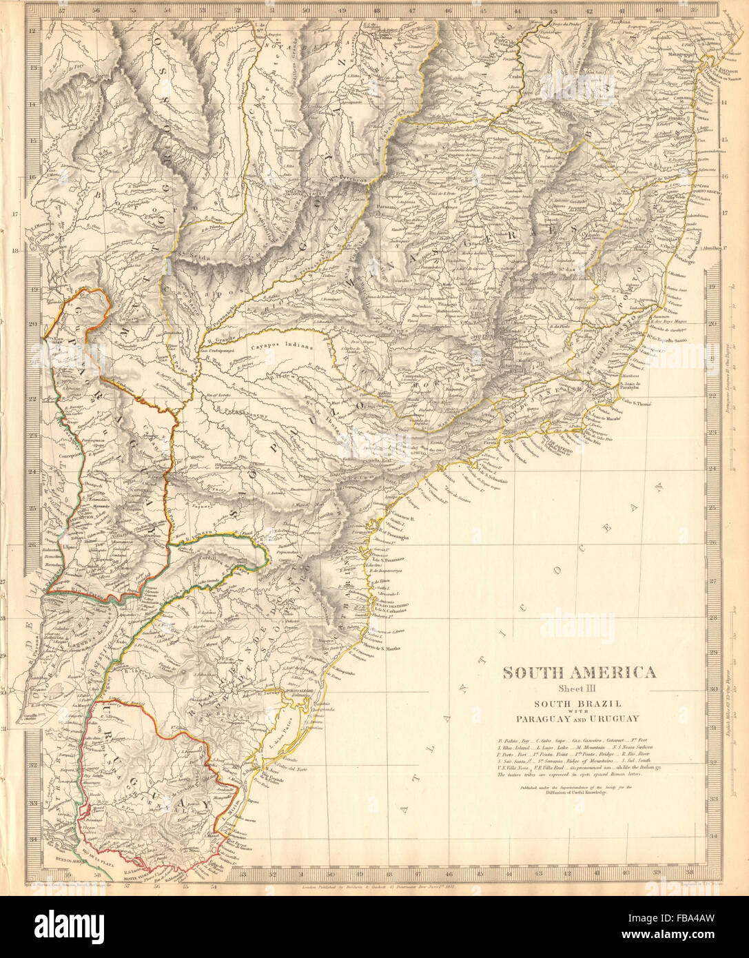 El sur de Brasil, Paraguay, Uruguay. Bahia Minas Gerais Sao Paolo. SDUK, 1844 mapa Foto de stock