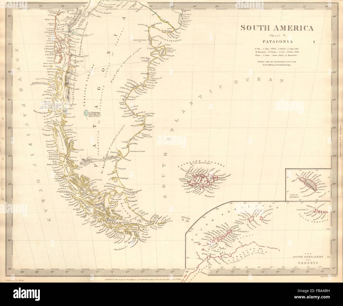 PATAGONIA. Argentina Chile Tierra del Fuego Islas Malvinas S Georgia.SDUK, 1844 mapa Foto de stock