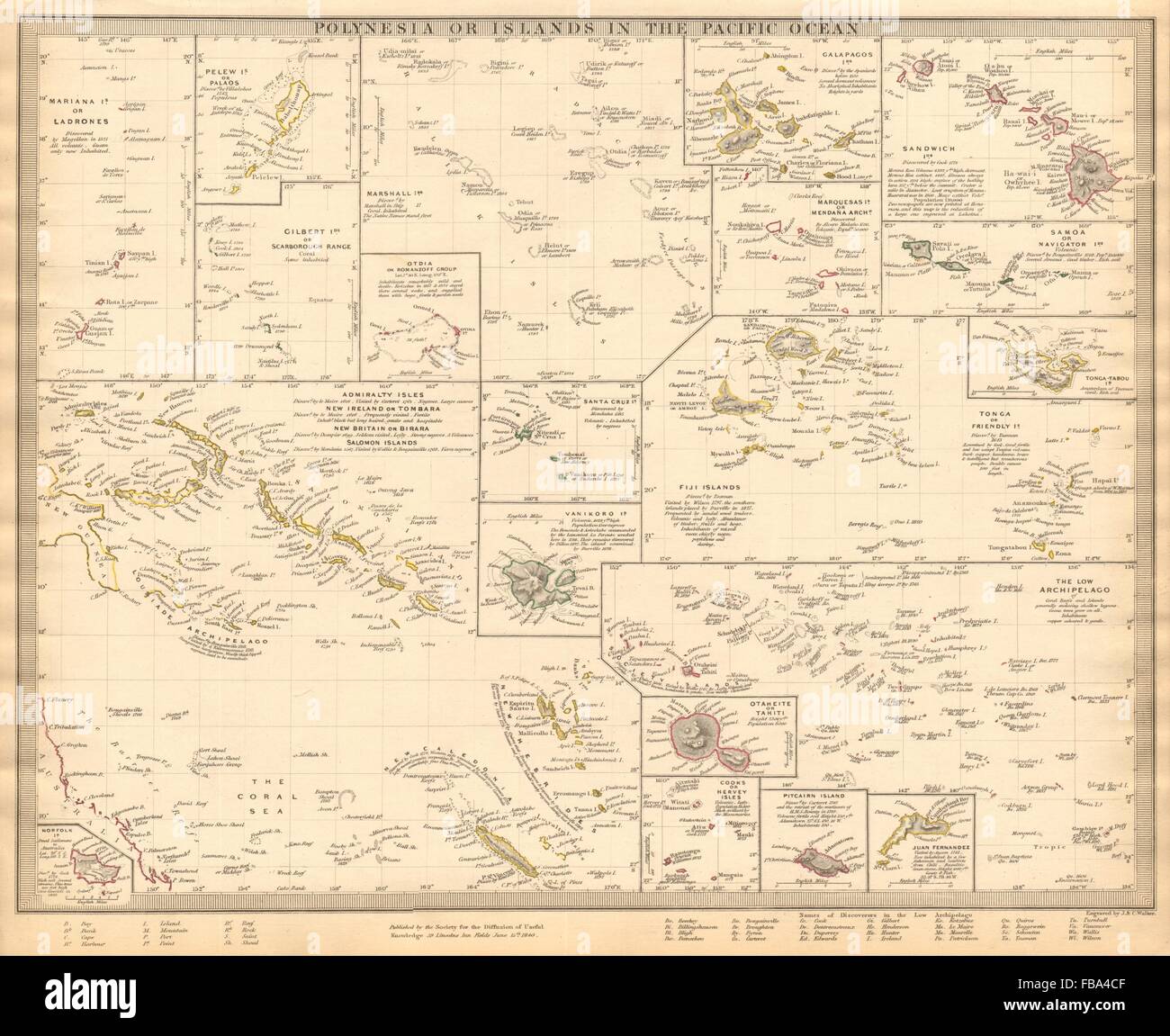 Islas del Pacífico. Hawaii polinesia Samoa, Fiji, Tonga, Tahití Cook. SDUK, 1844 mapa Foto de stock