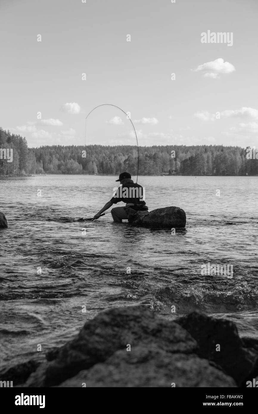 Finlandia, Etela-Suomen laani, hombre de pesca con mosca en los ríos Foto de stock