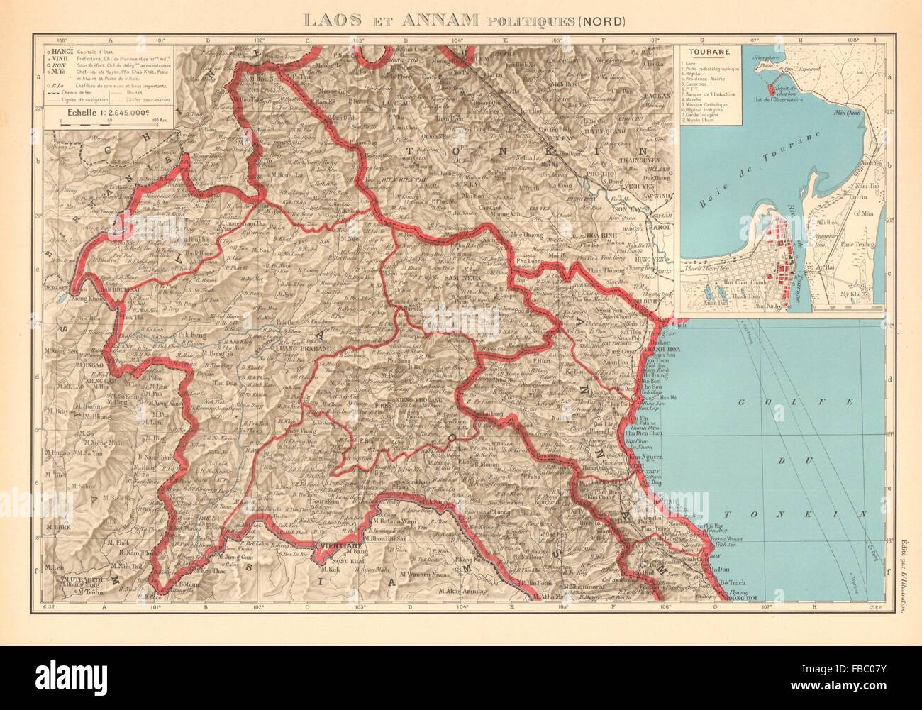 La Indochina francesa. N Laos & Annam. Vietnam. Tourane (Da Nang) plan ciudad, 1938 mapa Foto de stock