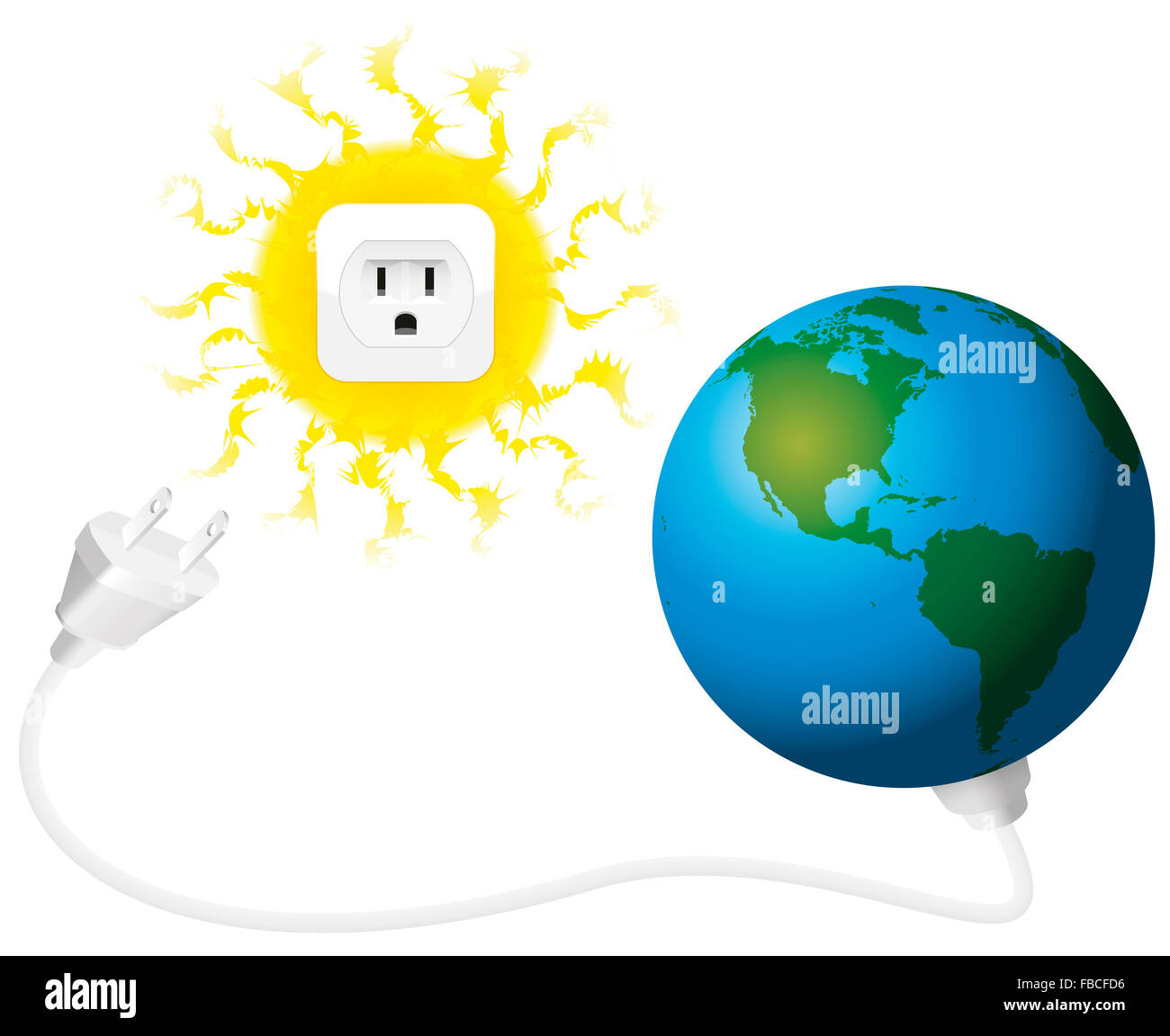 Energía solar - el planeta tierra con enchufe y Sun con la toma. Ilustración sobre fondo blanco. Foto de stock