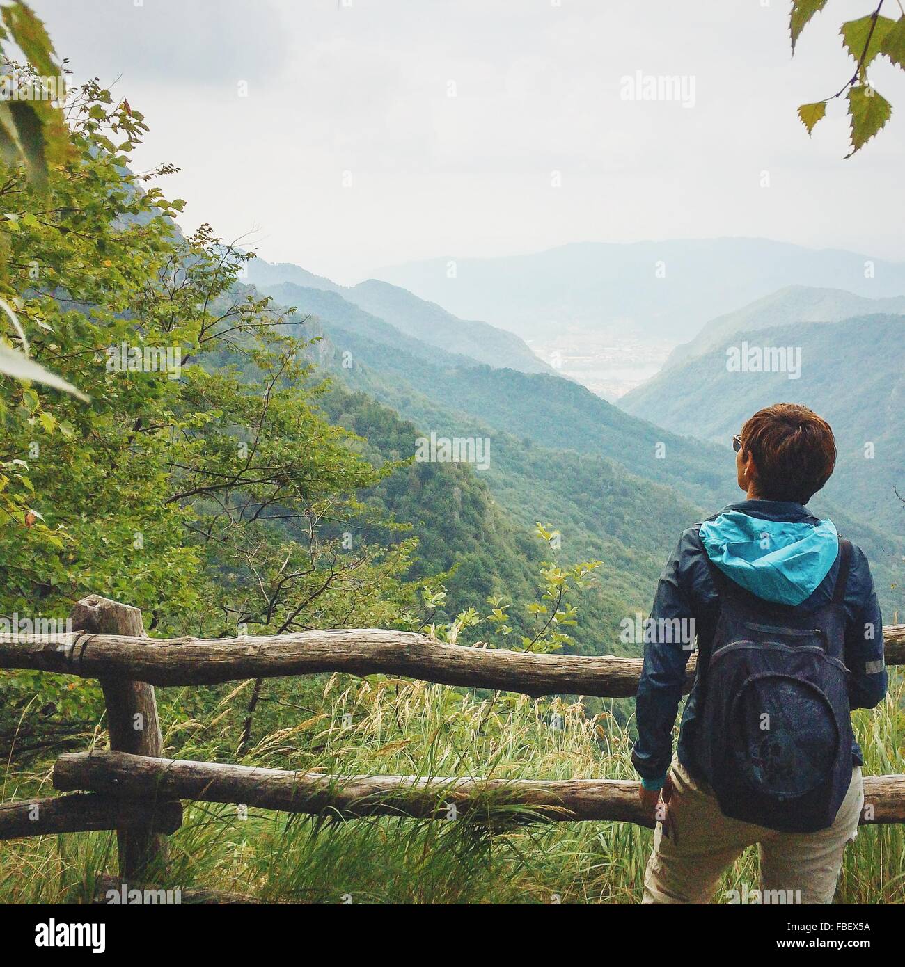 Vista trasera del hombre con mochila estando en contra de las montañas  Fotografía de stock - Alamy