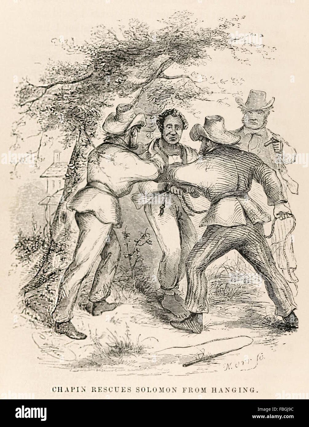 "Chapin rescata Solomon, de ahorcamiento.' Desde 'doce años un esclavo o Solomon Northup, un ciudadano de Nueva York" publicado en 1853. El libro narra la experiencia del autor como un afroamericano nacido libre de Nueva York ser secuestrados y vendidos como esclavos y obligados a trabajar 12 años en una plantación de algodón en Louisiana. Se las arregló para conseguir palabra a la familia a través de un canadiense, quedándose en la plantación y recobró su libertad. Pasó a participó activamente en el movimiento abolicionista. Consulte la descripción para obtener más información. Foto de stock